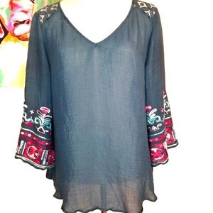 VALERIE STEVENS turquoise embroidered lace peasant blouse Size M